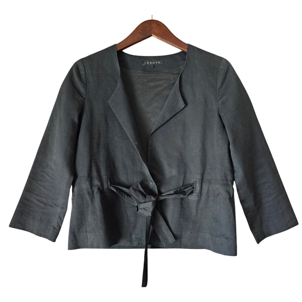 Theory Womens Black Cotton Linen Wrap Blazer Jacket Tie Front Size 8 Textured
